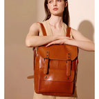 Sac à dos ordinateur cuir de vache femme 14 pouces, rabat à boucles