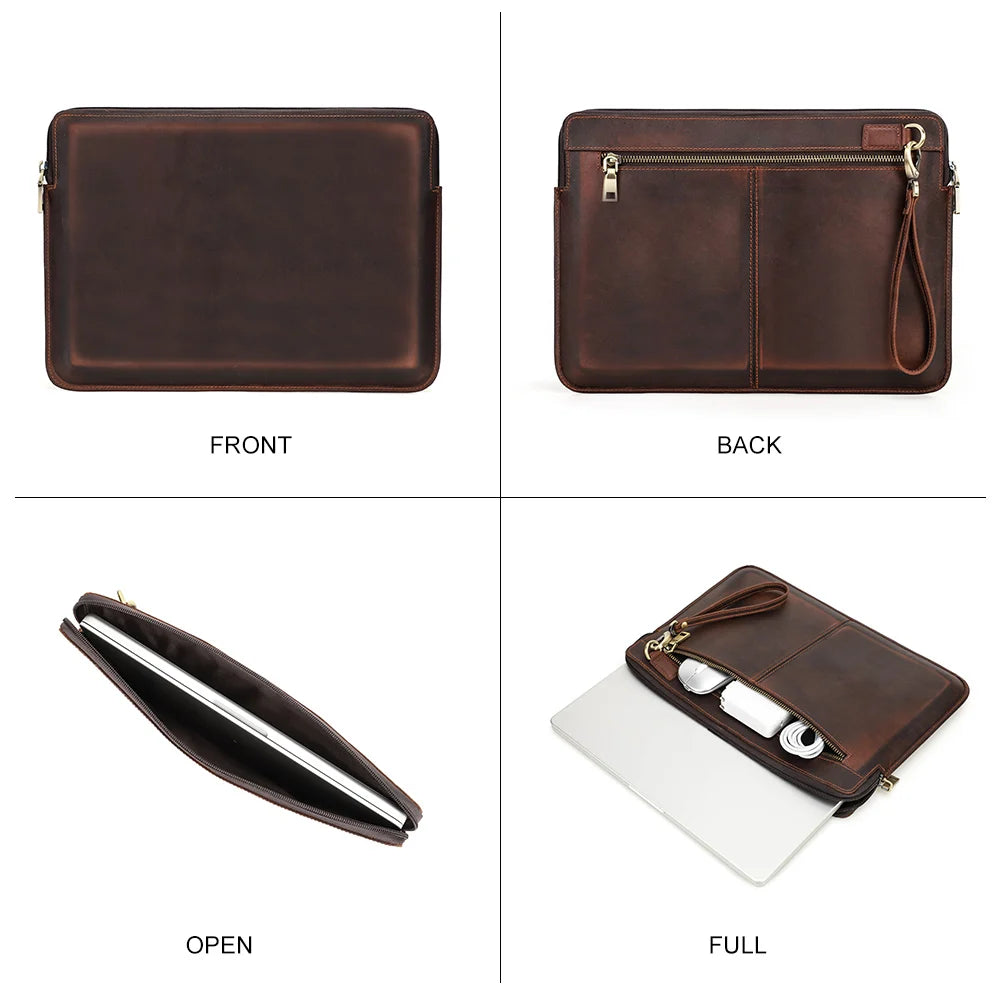 Pochette ordinateur cuir pleine fleur, 13,3 à 15,4 pouces, dragonne