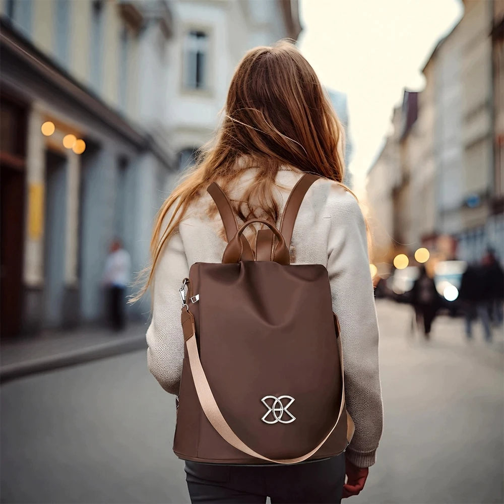 Sac à dos ordinateur femme antivol en oxford marron, convertible