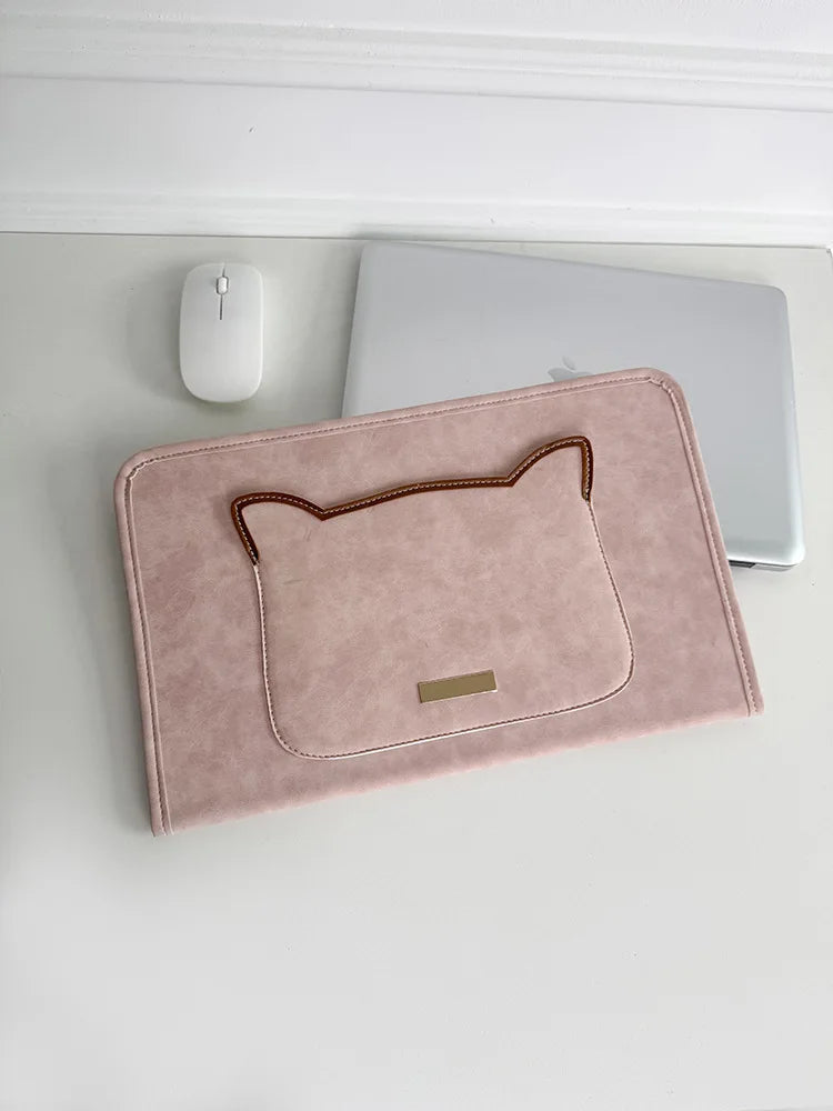 Pochette ordinateur femme en simili daim, poche chat ou ourson