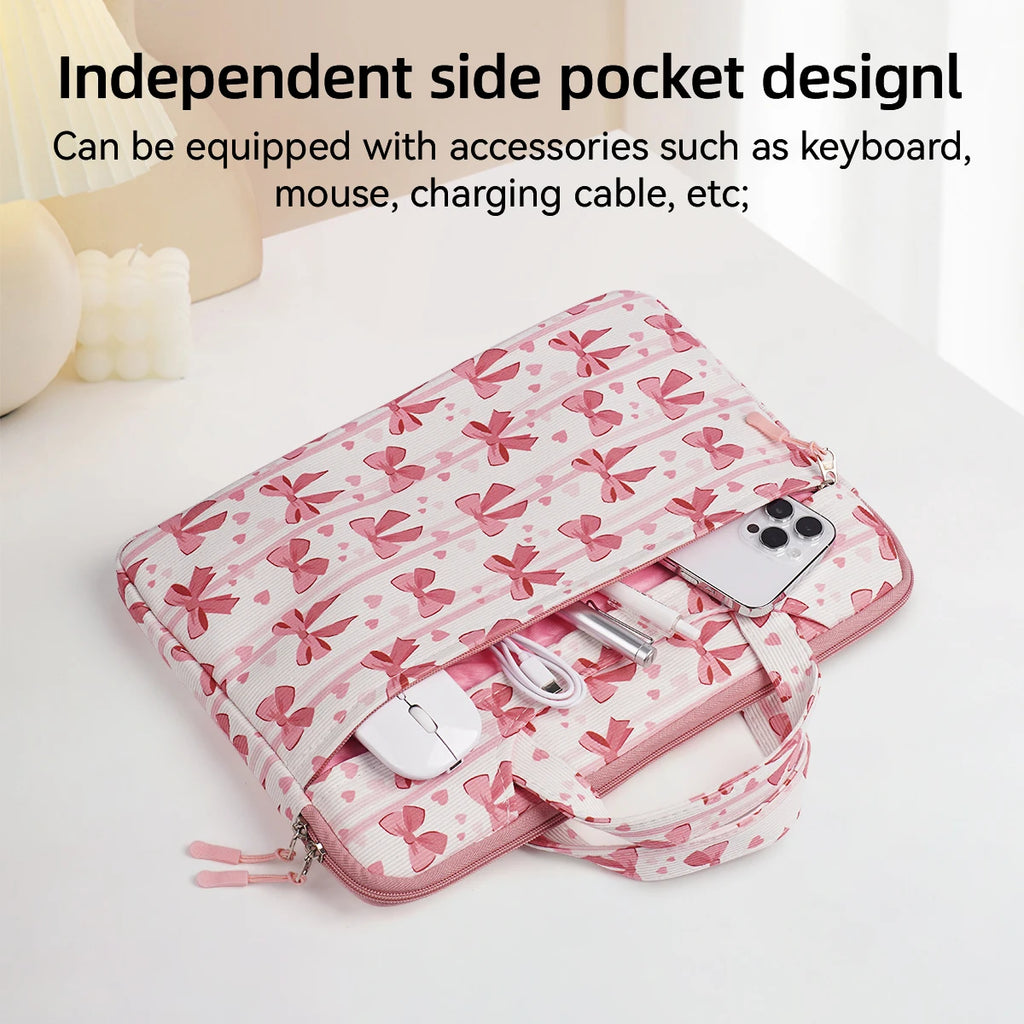 Pochette ordinateur femme 14 pouces en velours côtelé à nœuds