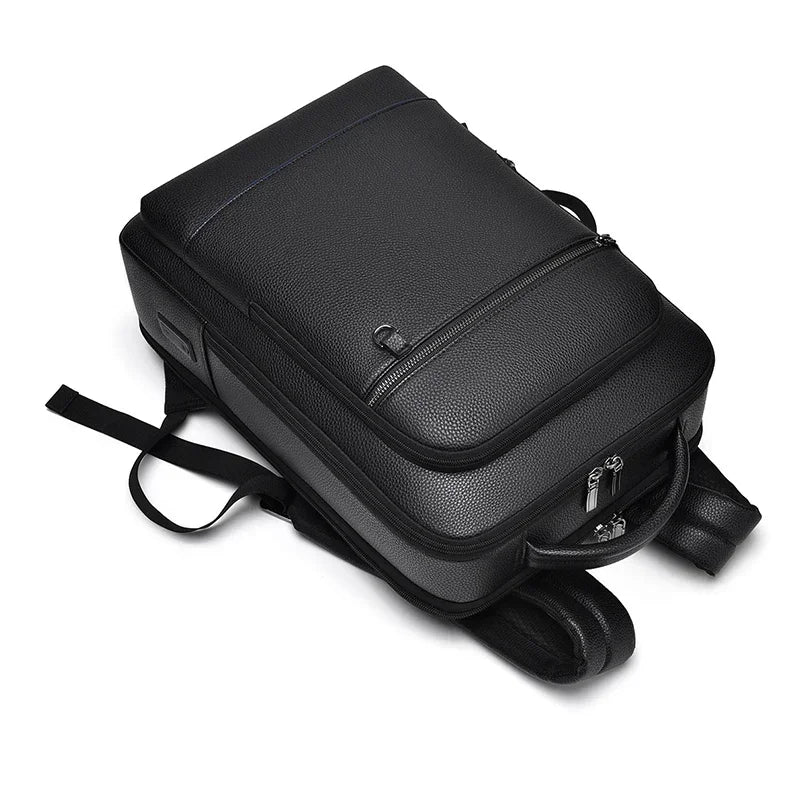 Sac à dos ordinateur homme en simili cuir grainé, trois soufflets