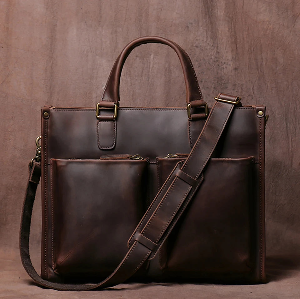 Sacoche ordinateur cuir homme 15,4 pouces, deux poches avant zippées