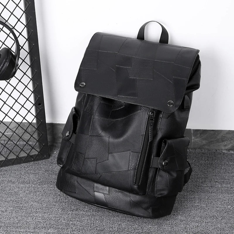 Sac à dos ordinateur homme en simili cuir patchwork, port USB