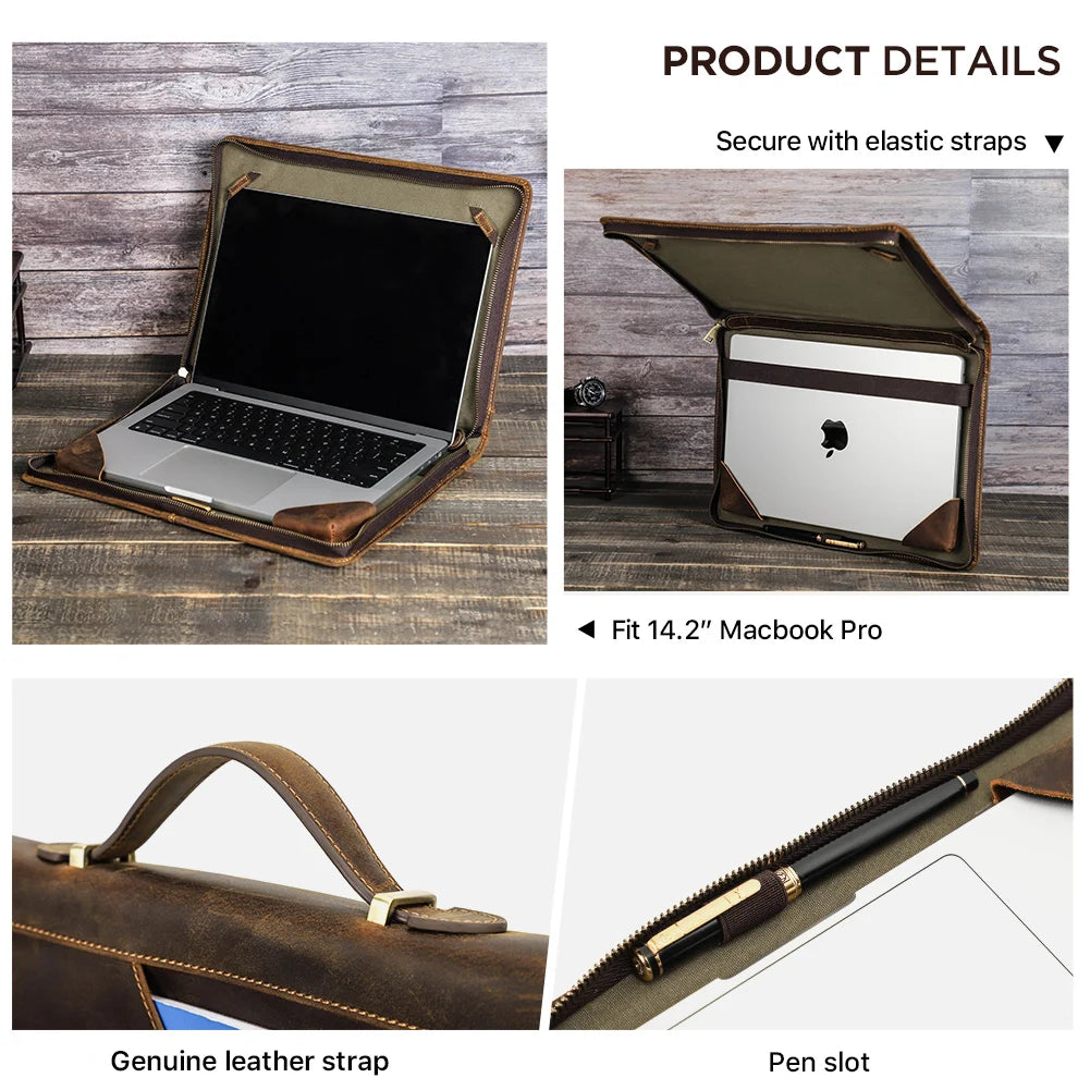 Pochette ordinateur cuir de vache huilé, coins élastiqués et poignée