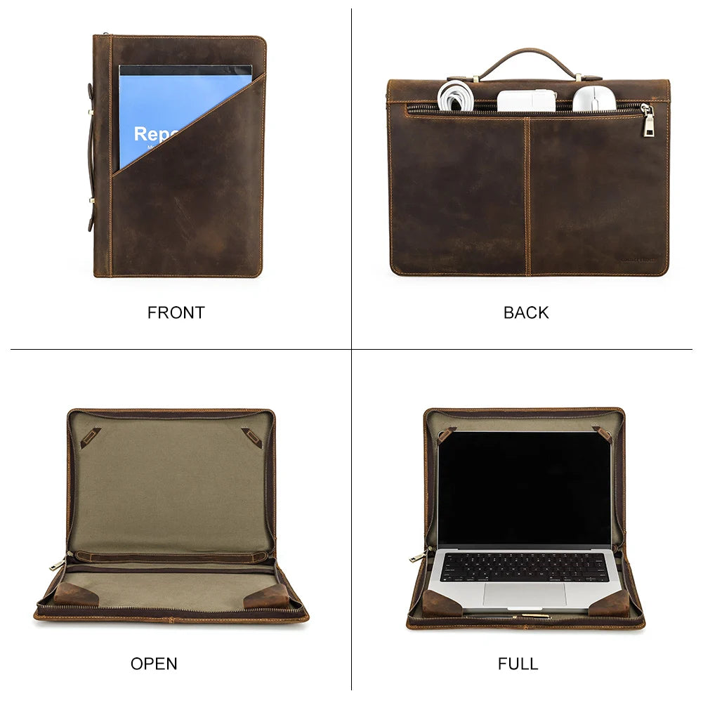 Pochette ordinateur cuir de vache huilé, coins élastiqués et poignée