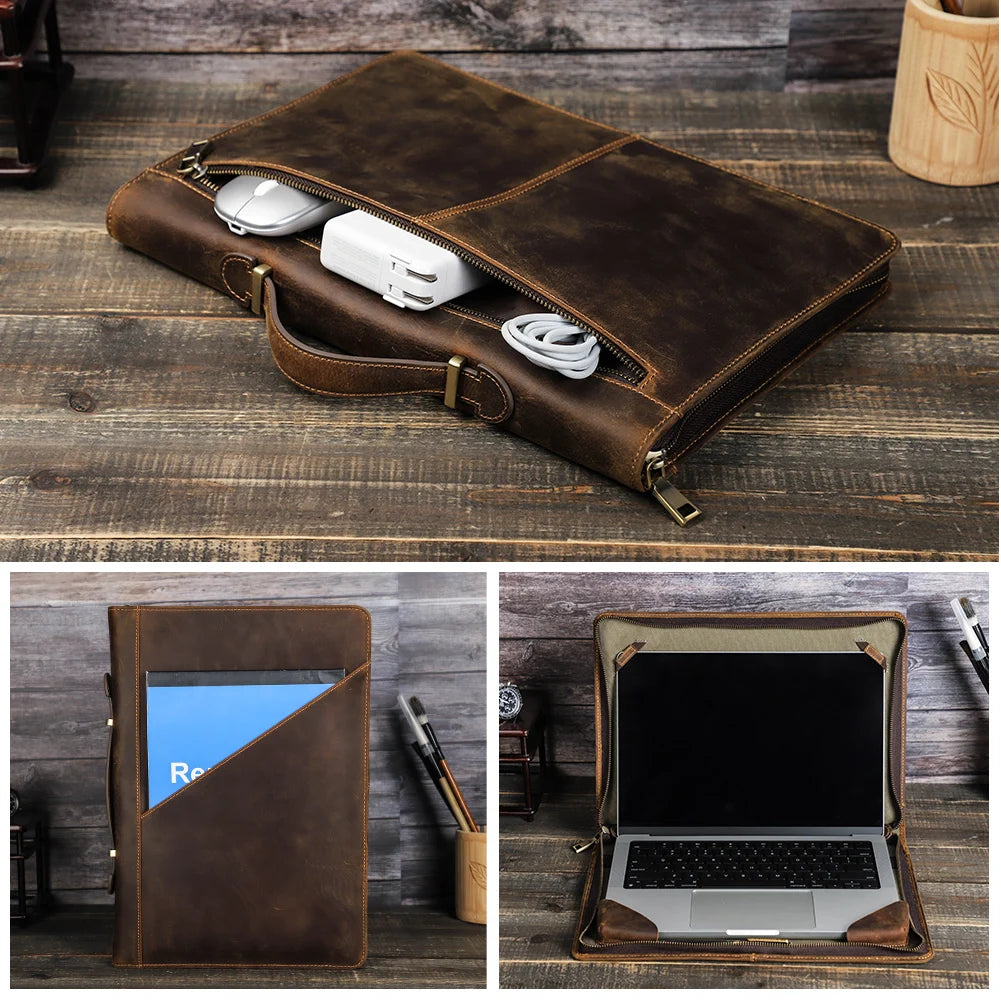 Pochette ordinateur cuir de vache huilé, coins élastiqués et poignée