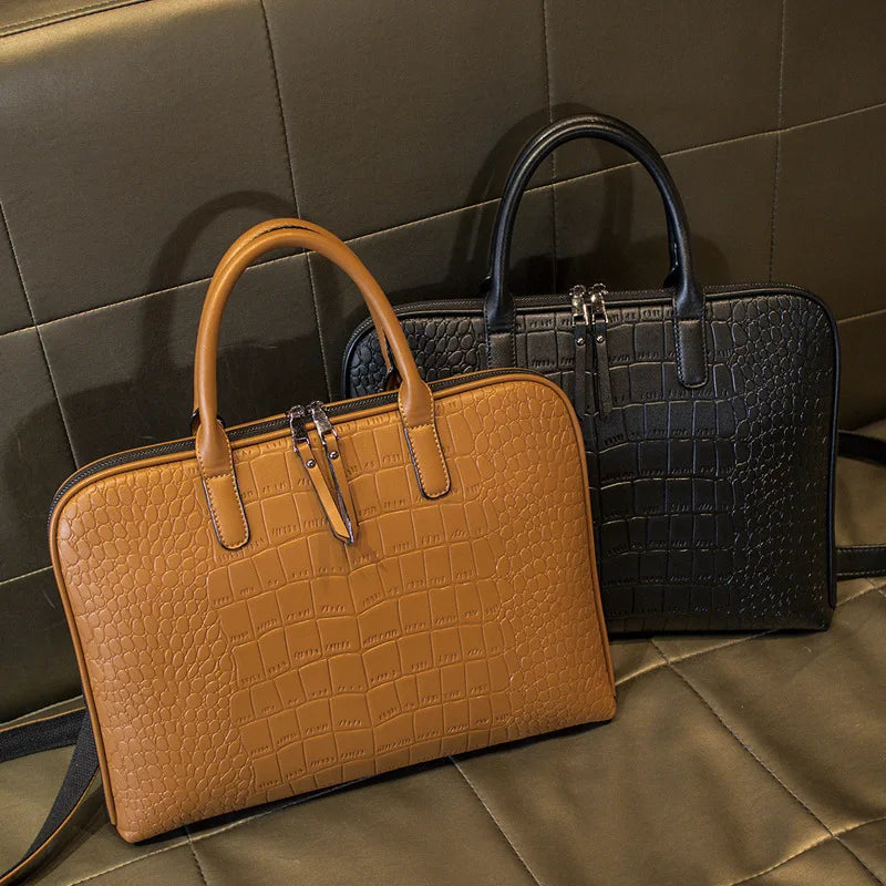 Sac ordinateur femme effet croco noir, à main et bandoulière