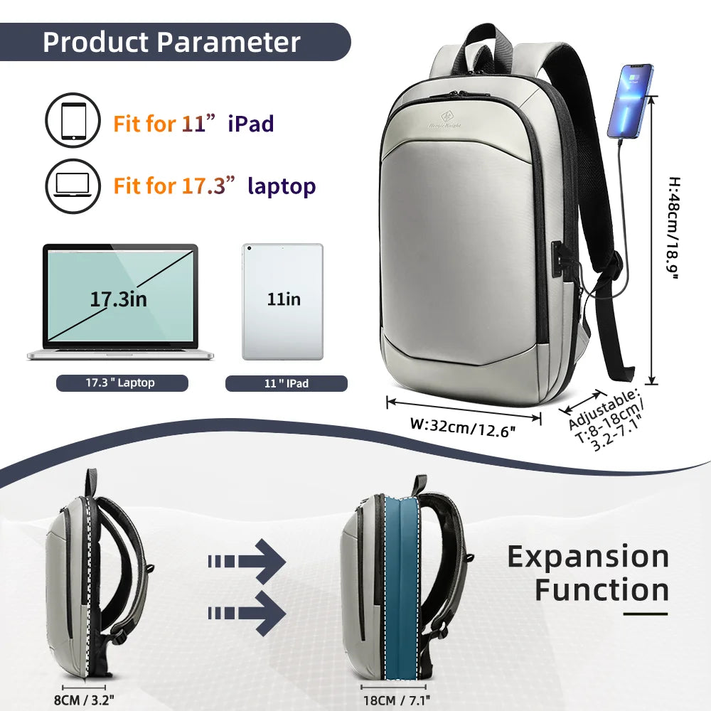 Sac à dos ordinateur homme 17,3 pouces extra-fin et extensible, USB