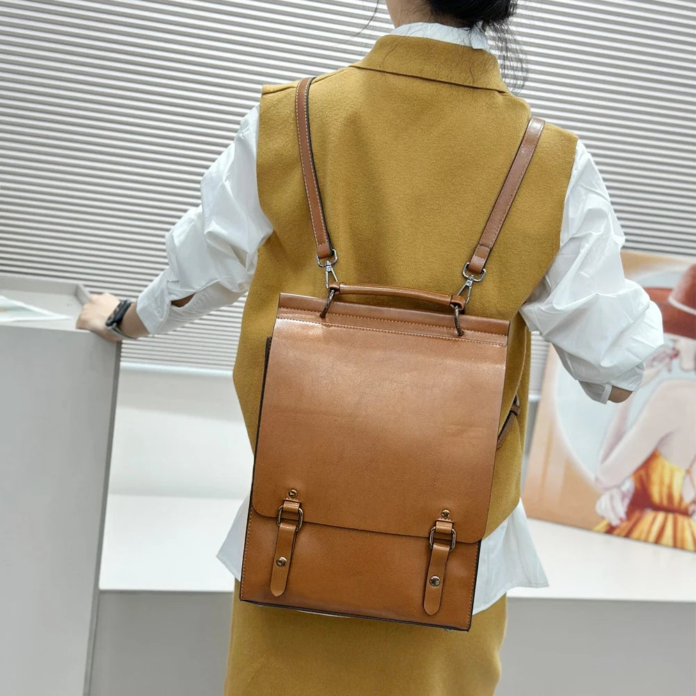 Sac à dos ordinateur cuir femme, cartable à rabat et deux boucles