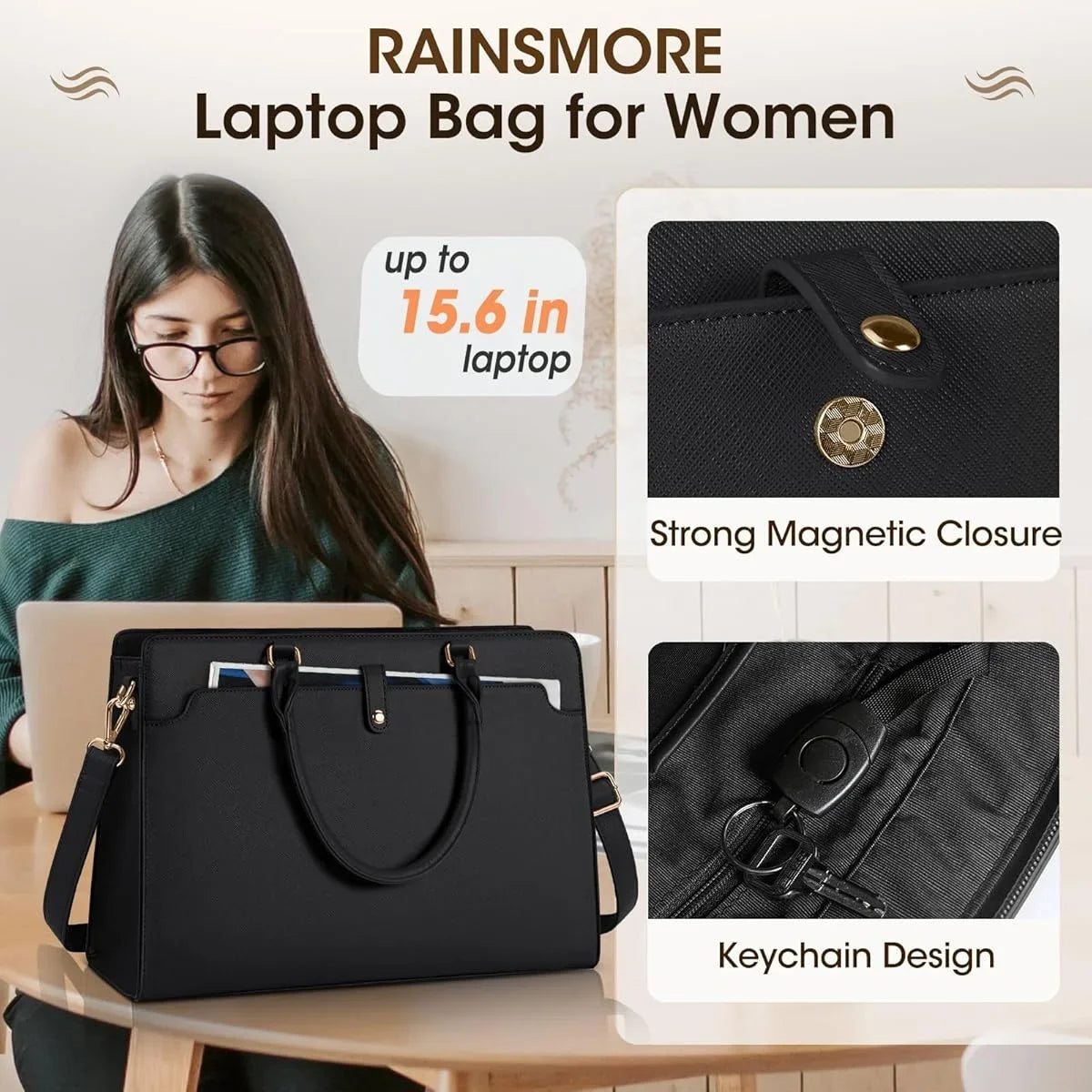 Sac ordinateur femme noir grand format, bandoulière amovible