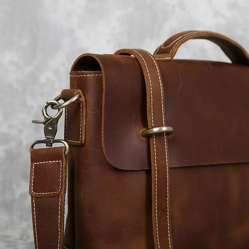 Sacoche ordinateur cuir homme à rabat, bandoulière, 15 pouces