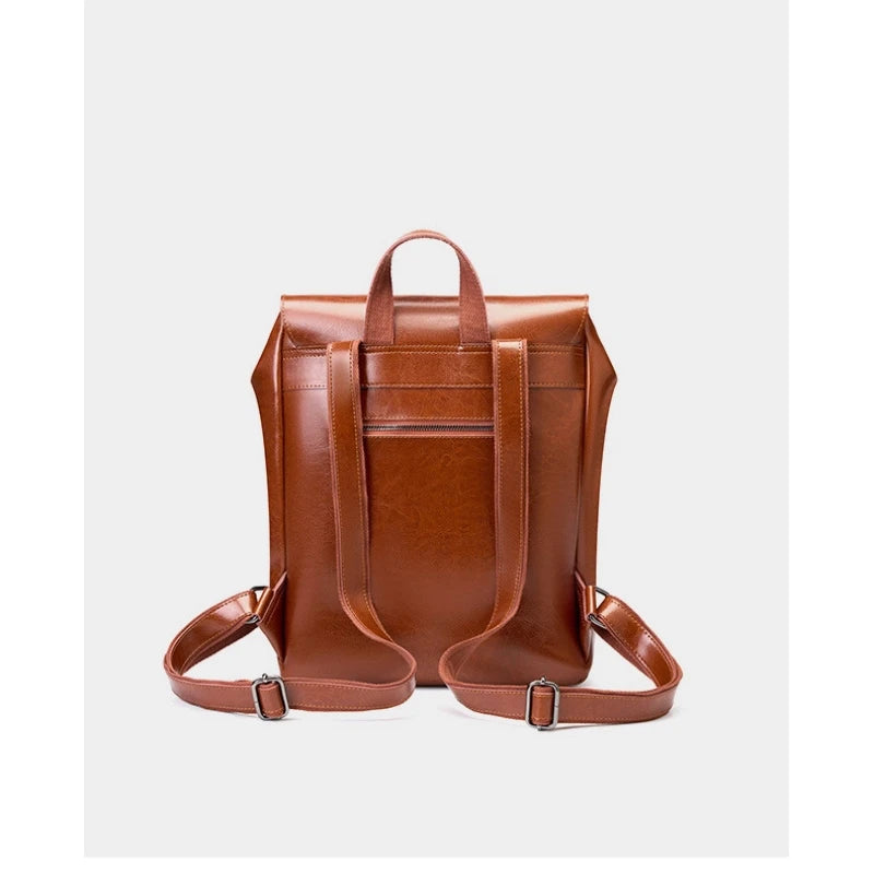 Sac à dos ordinateur cuir de vache femme 14 pouces, rabat à boucles