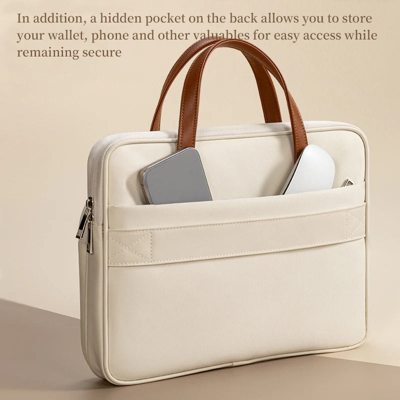 Pochette ordinateur femme beige à anses, doublure velours