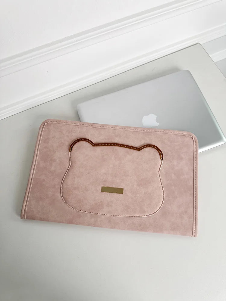 Pochette ordinateur femme en simili daim, poche chat ou ourson