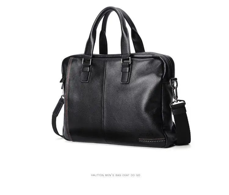 Sacoche ordinateur cuir homme noir grainé, poignées et bandoulière