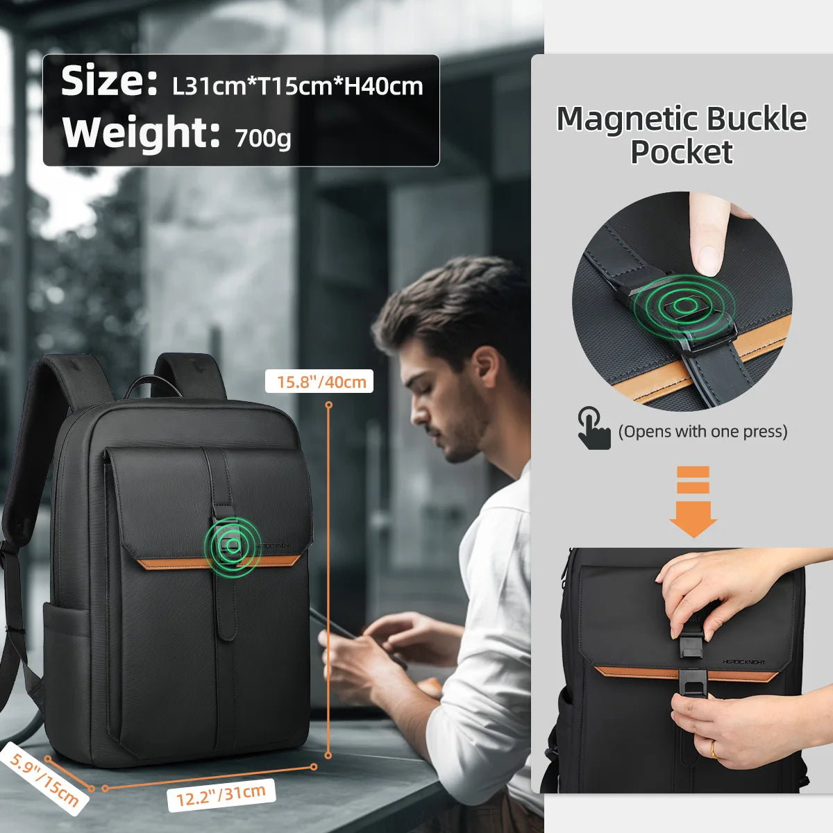 Sac à dos ordinateur à poche aimantée et dos respirant, deux tailles