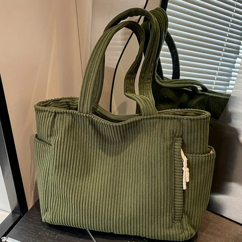 Sac ordinateur cabas en velours côtelé, zippé à poches latérales