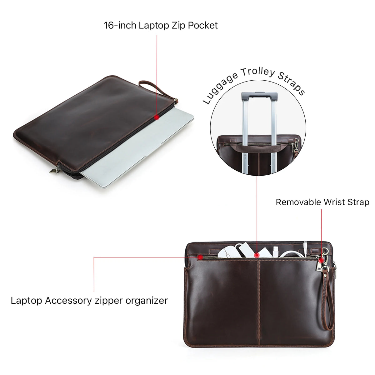 Pochette ordinateur cuir 16 pouces zippée, poche arrière et dragonne