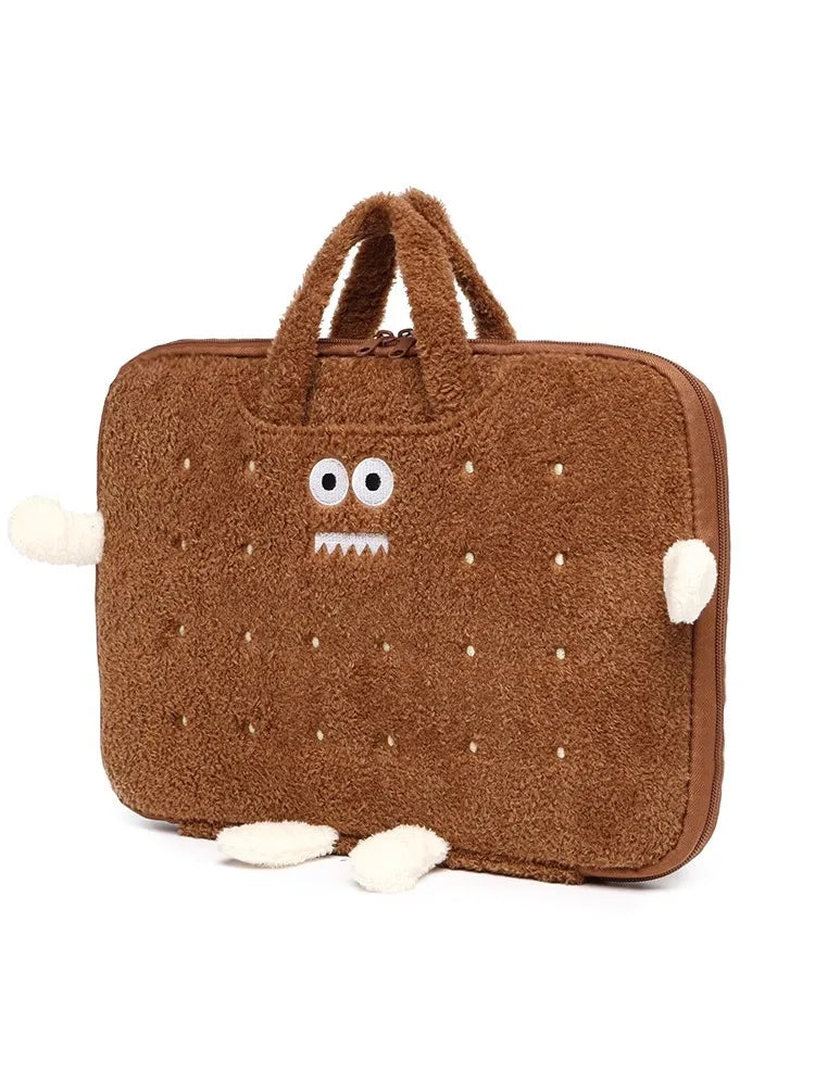 Pochette ordinateur femme bouclette marron à frimousse de monstre