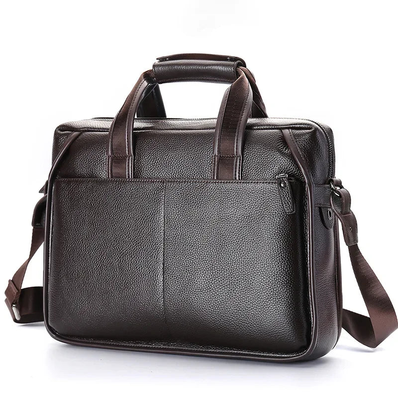Sacoche ordinateur cuir homme grainé, poignées et bandoulière