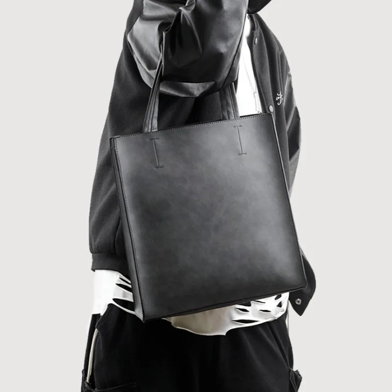 Sac ordinateur homme, cabas vertical en simili cuir lisse noir
