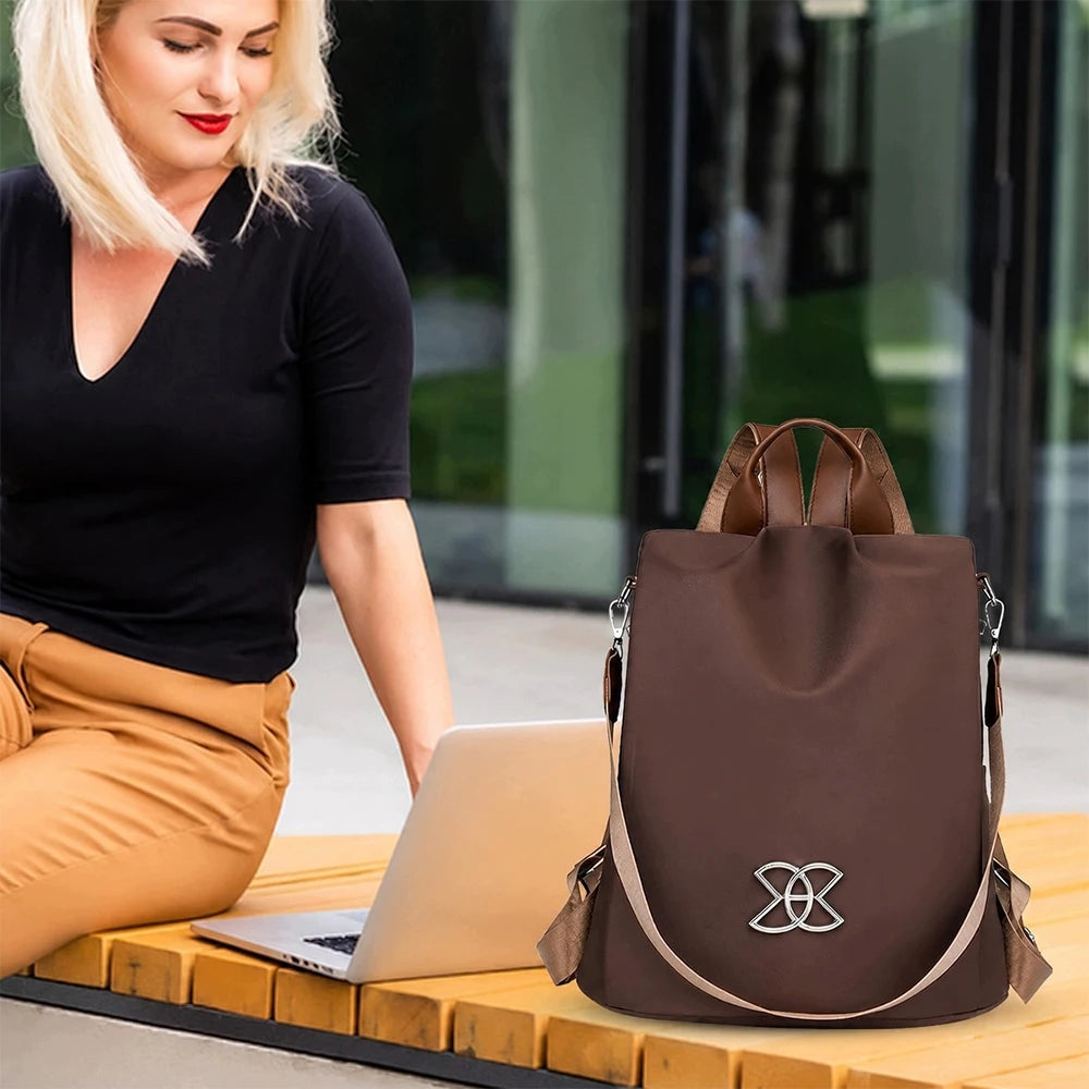 Sac à dos ordinateur femme antivol en oxford marron, convertible