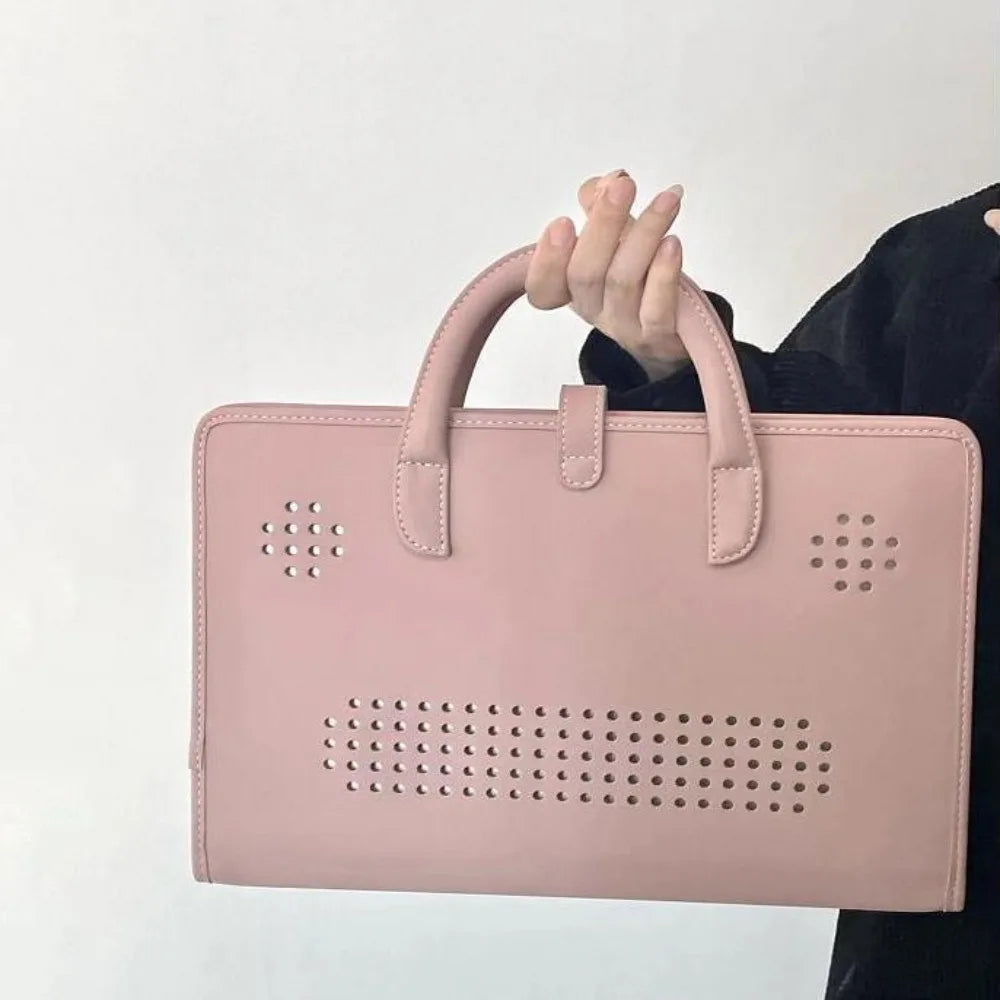 Pochette ordinateur femme rose en simili cuir à deux poignées