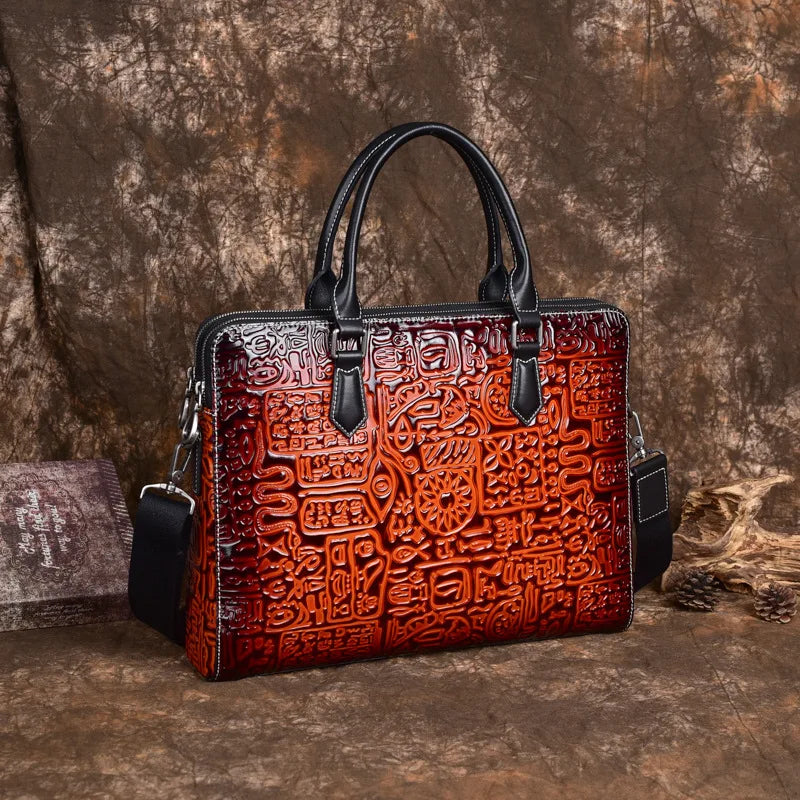 Sacoche ordinateur cuir homme gravé en relief rouge, 15 pouces