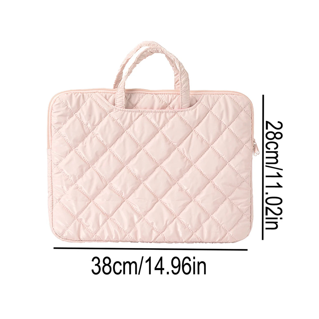 Pochette ordinateur matelassée à poignées, effet doudoune brillant