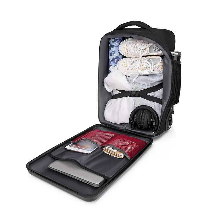 Sac à dos ordinateur à roulettes, façade rigide et cadenas à code