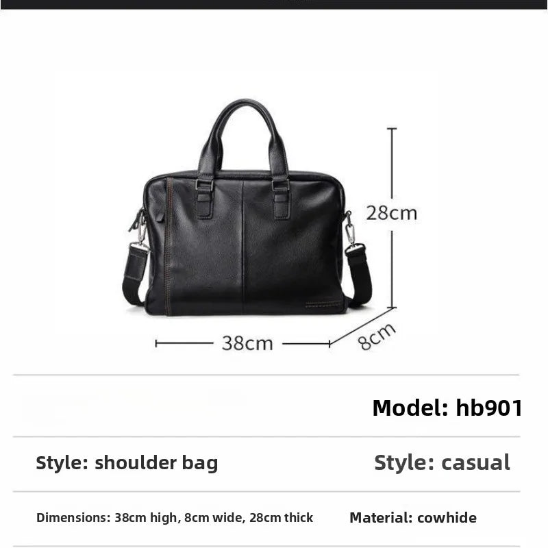 Sacoche ordinateur cuir homme noir grainé, poignées et bandoulière