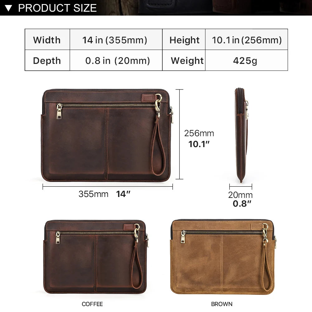 Pochette ordinateur cuir pleine fleur, 13,3 à 15,4 pouces, dragonne