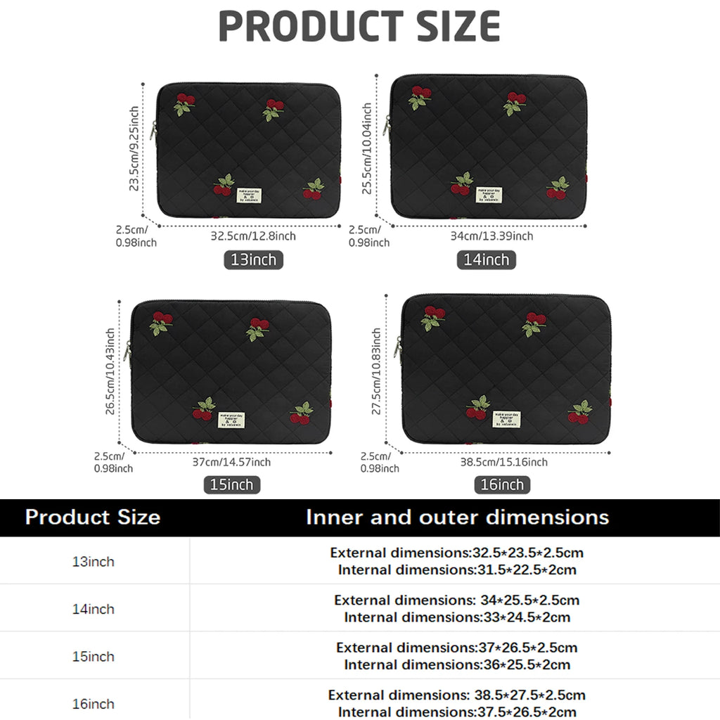 Pochette ordinateur femme matelassée noire, cerises brodées