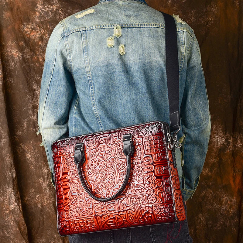 Sacoche ordinateur cuir homme gravé en relief rouge, 15 pouces