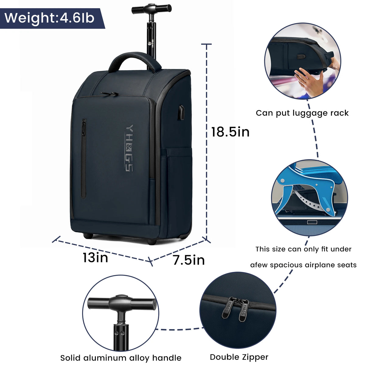 Sac à dos ordinateur à roulettes avec housse de roues et port USB