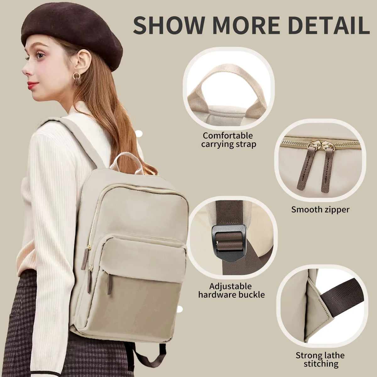 Sac à dos ordinateur femme en nylon, poche avant et zips dorés