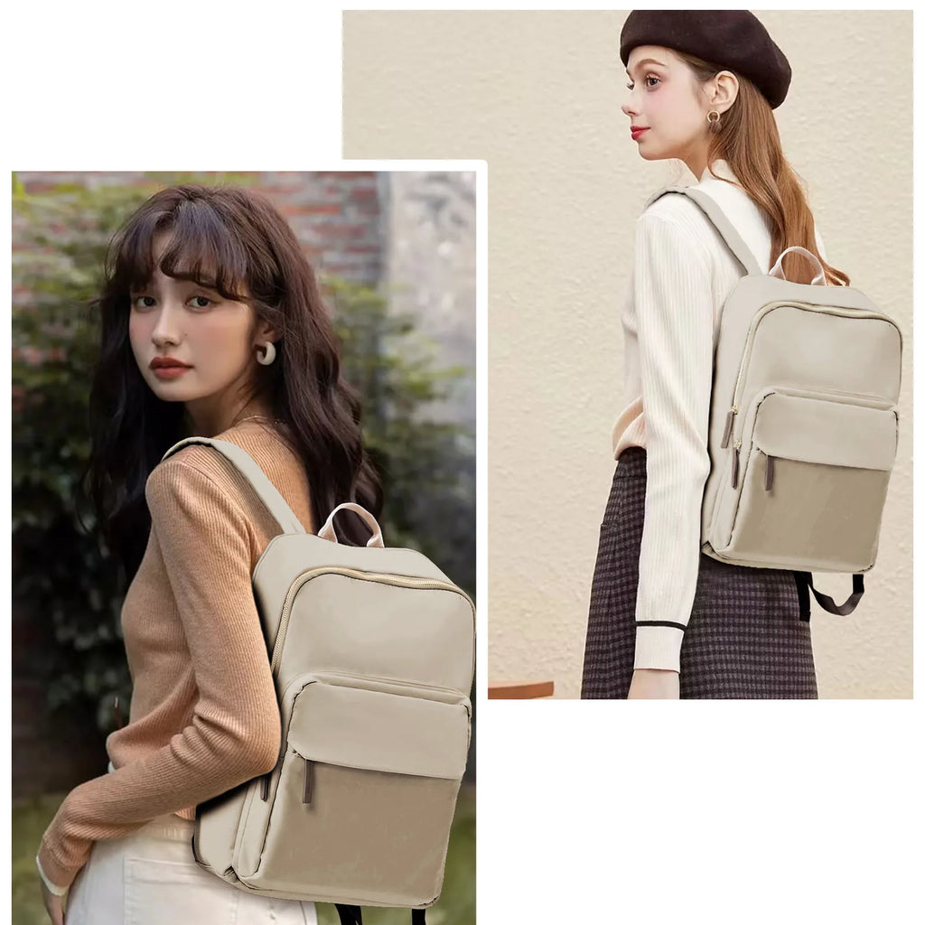 Sac à dos ordinateur femme en nylon, poche avant et zips dorés