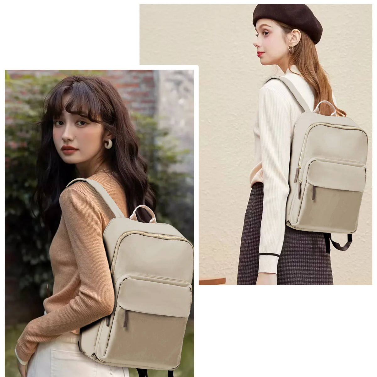 Sac à dos ordinateur femme en nylon, poche avant et zips dorés