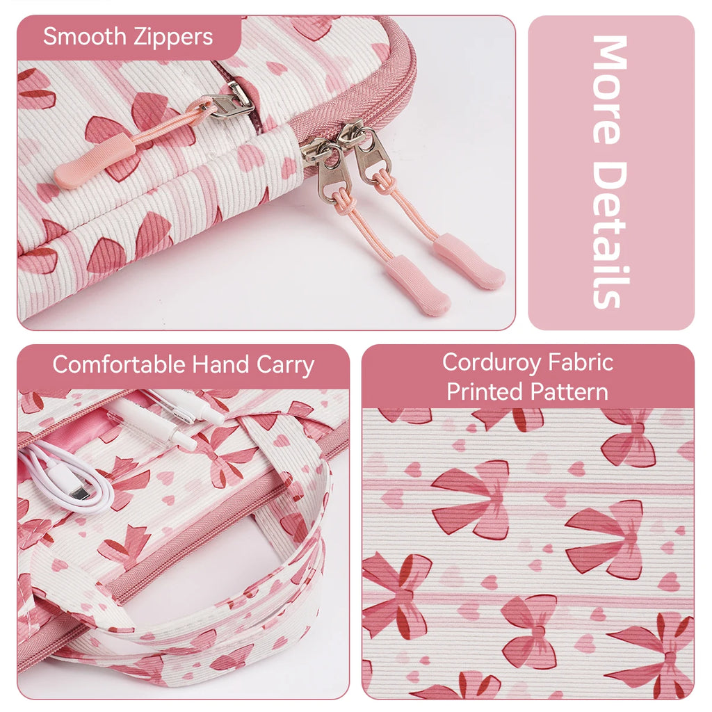 Pochette ordinateur femme 14 pouces en velours côtelé à nœuds