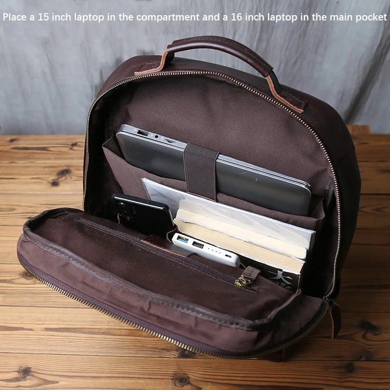 Sac à dos ordinateur cuir de vache 16 pouces, poches latérales