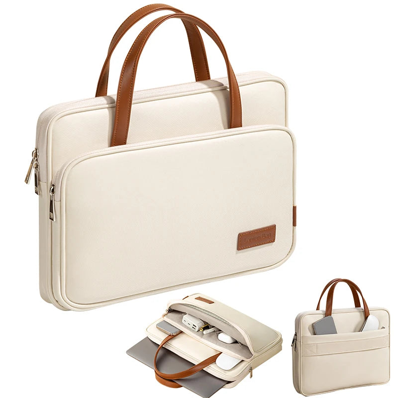 Pochette ordinateur femme beige à anses, doublure velours