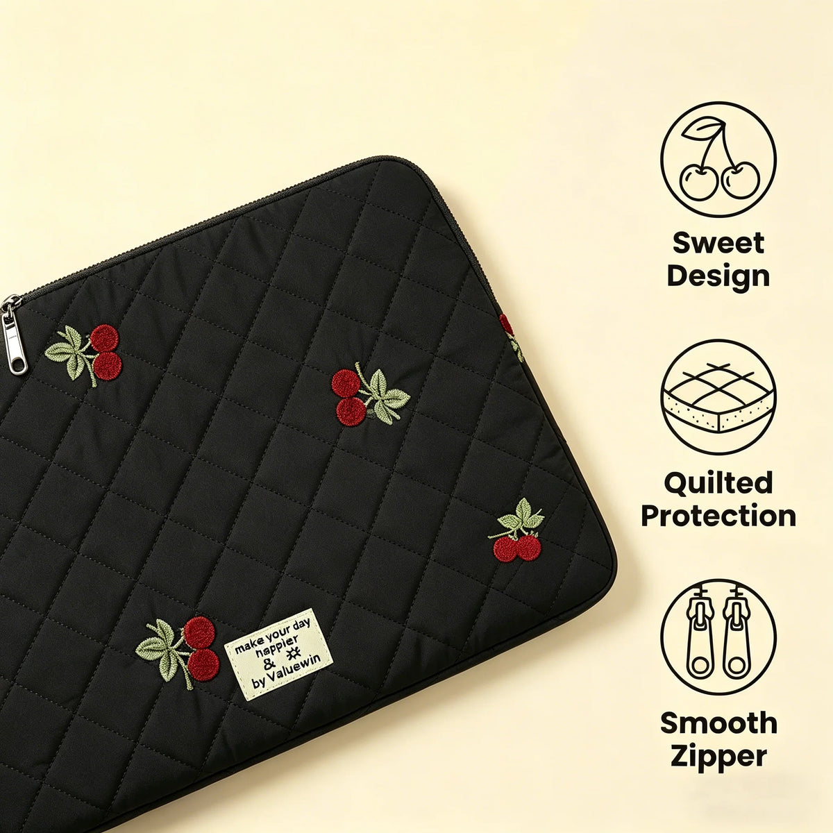 Pochette ordinateur femme matelassée noire, cerises brodées