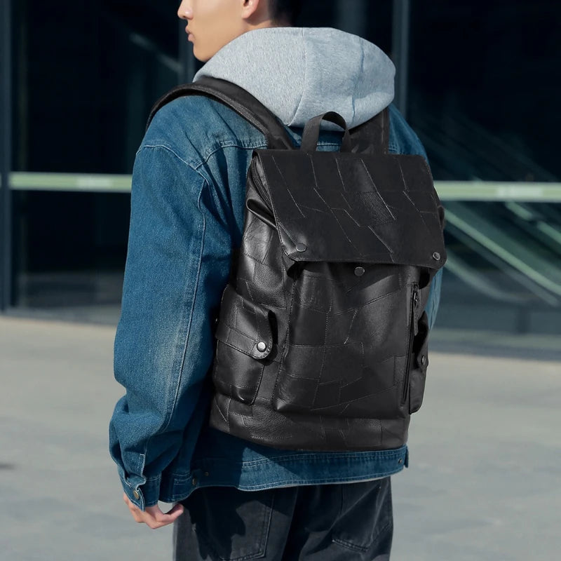 Sac à dos ordinateur homme en simili cuir patchwork, port USB