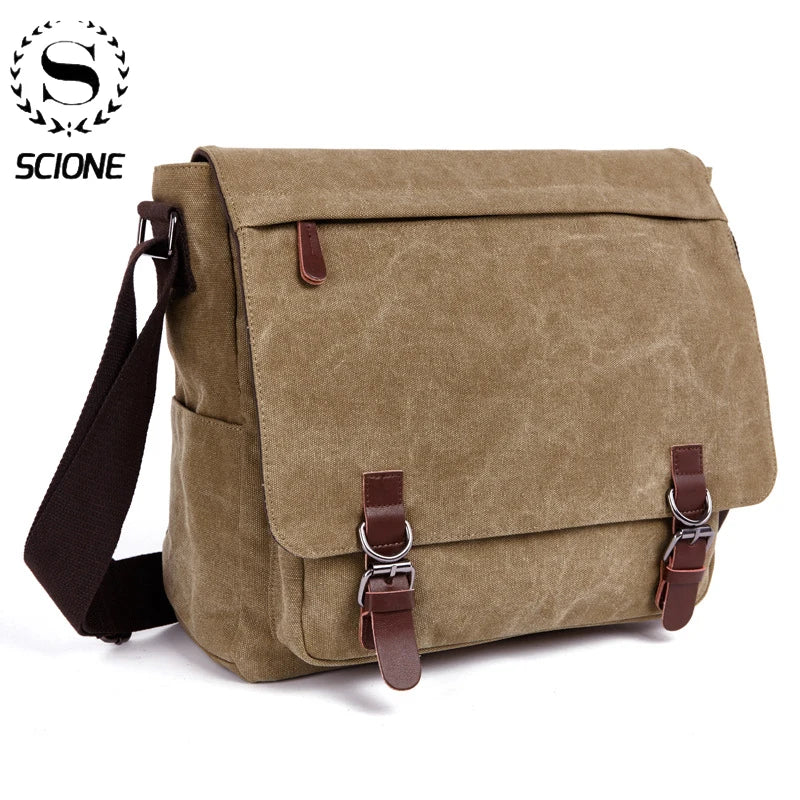 Sac bandoulière ordinateur en toile délavée, rabat à boucles rétro
