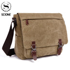 Sac bandoulière ordinateur en toile délavée, rabat à boucles rétro