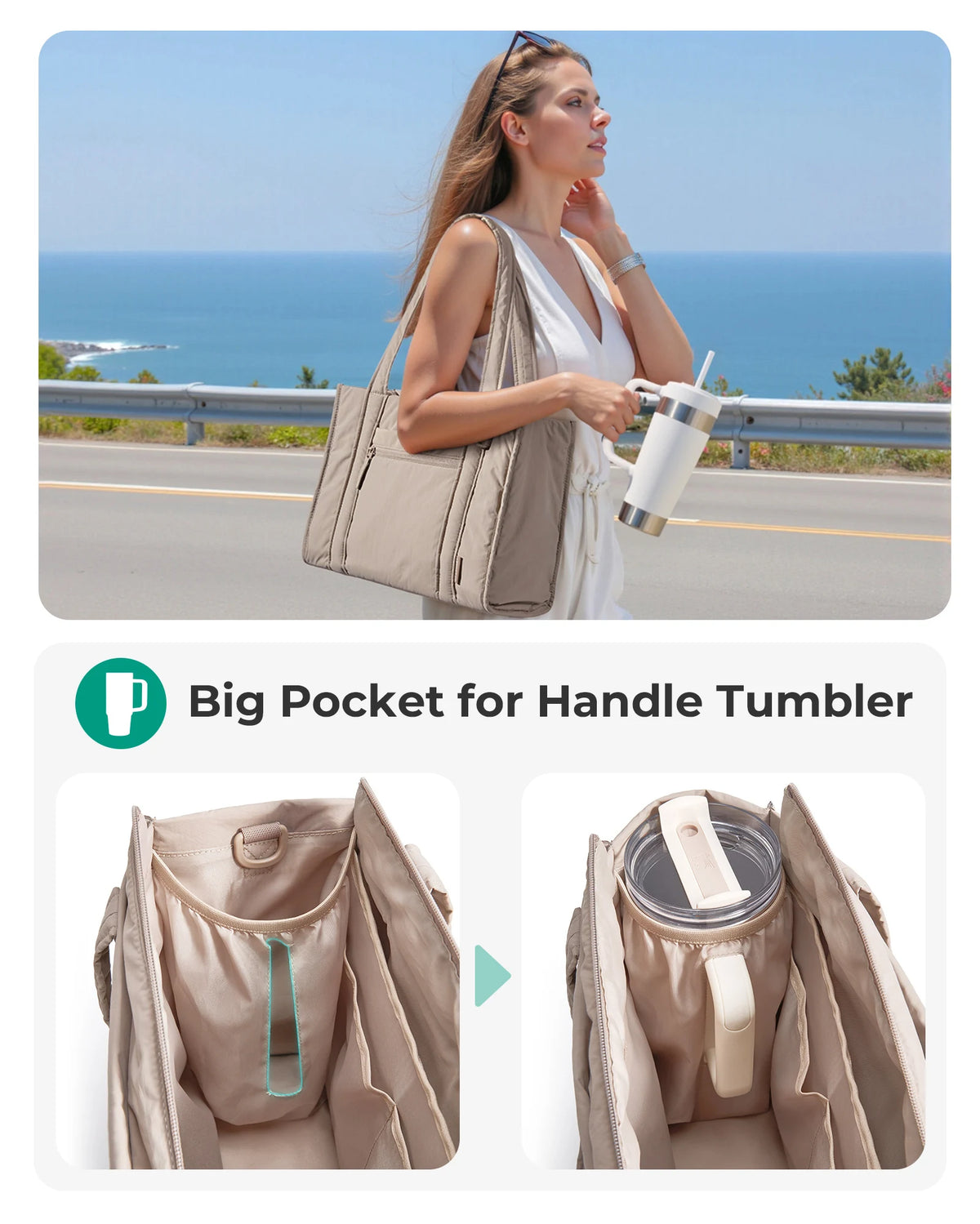 Sac ordinateur femme matelassé, bandoulière amovible et poche gourde
