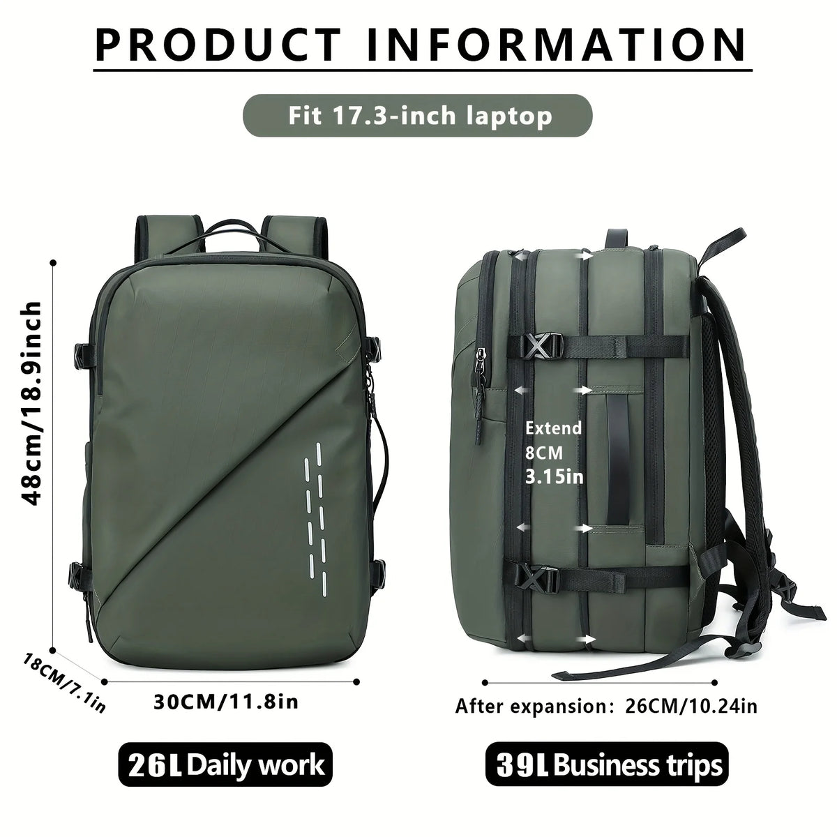 Sac à dos ordinateur 17,3 pouces extensible de 26 à 39 litres