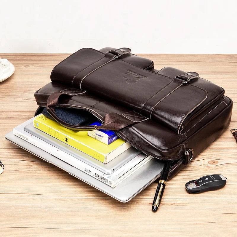 Sacoche ordinateur homme en cuir, passant trolley et bandoulière