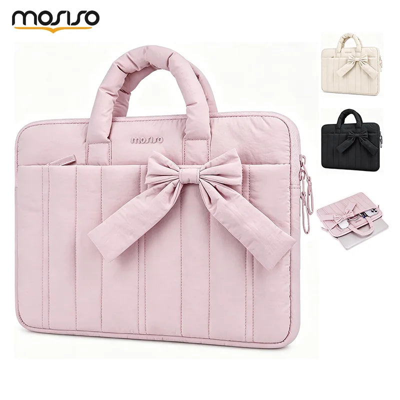 Pochette ordinateur femme matelassée à nœud, poignées et poche